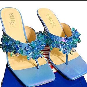 Rouge Helium Women’s Zeal Square Toe Flower Petal Gems Thong Sandal High Heels